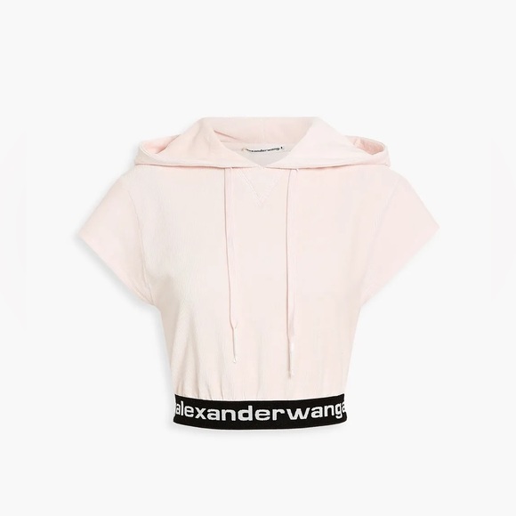 Alexander Wang Cap Sleeve Logo Accent Stretch Velvet Cropped Hoodie Sweatshirt L